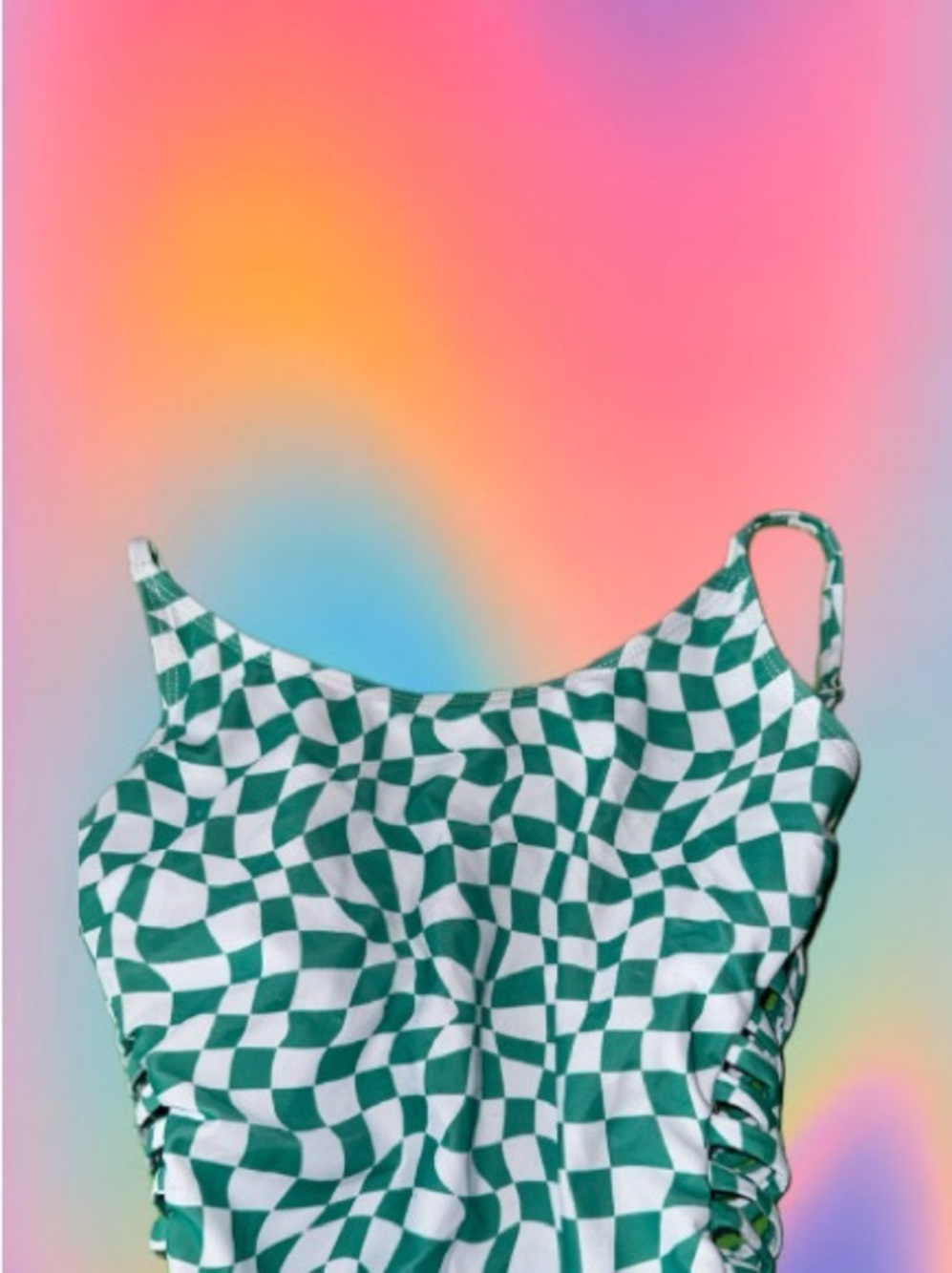 refuge Green Checkerboard Ruched One-Piece Swimsuit